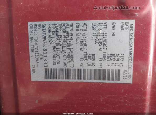 5N1AT2MV2GC811333 2016 NISSAN ROGUE Red Շարժիչի բաժամունքի տեսք