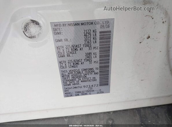5N1AT2MV7GC921472 2016 NISSAN ROGUE White Вид підкапотного простору