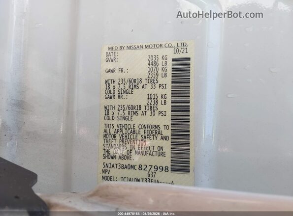 5N1AT3BA0MC827998 2021 NISSAN ROGUE White Շարժիչի բաժամունքի տեսք