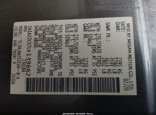 5N1AZ2CS7LN139662 2020 NISSAN MURANO Серый Вид подкапотного пространства