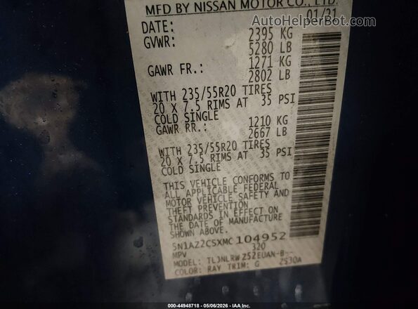 5N1AZ2CSXMC104952 2021 NISSAN MURANO Blue Vista del compartimento del motor