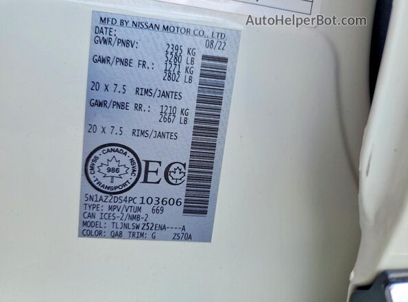 5N1AZ2DS4PC103606 2023 NISSAN MURANO White VIN sticker view