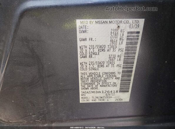 5N1AZ2MS1KN126418 2019 NISSAN MURANO Gray Շարժիչի բաժամունքի տեսք