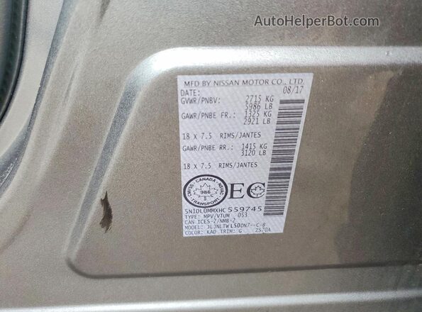 5N1DL0MMXHC559745 2017 INFINITI QX60 Gray VIN կոդի պիտակի տեսք