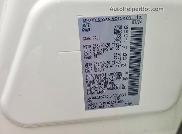 5N1DL1FS7RC352281 2024 INFINITI QX60 White VIN կոդի պիտակի տեսք