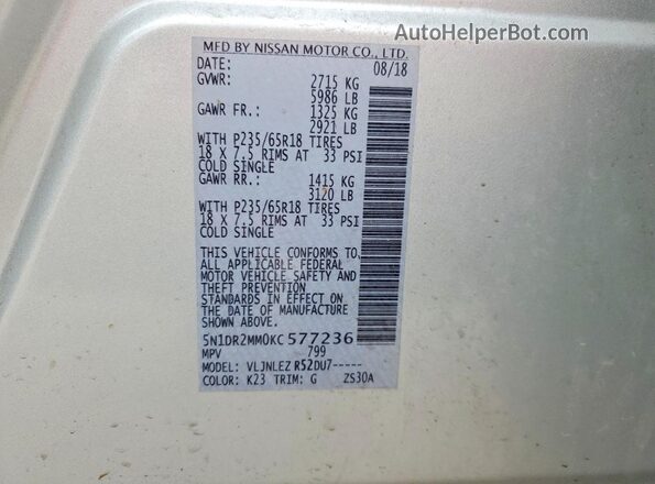 5N1DR2MM0KC577236 2019 NISSAN PATHFINDER Silver 