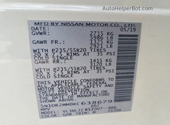 5N1DR2MM0KC638679 2019 NISSAN PATHFINDER White 