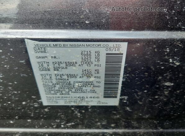 5N1DR2MM1JC661466 2018 NISSAN PATHFINDER Gray VIN sticker view