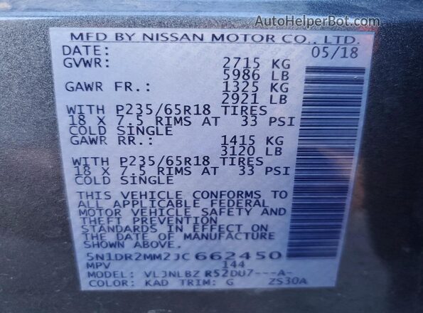 5N1DR2MM2JC662450 2018 NISSAN PATHFINDER Gray VIN sticker view