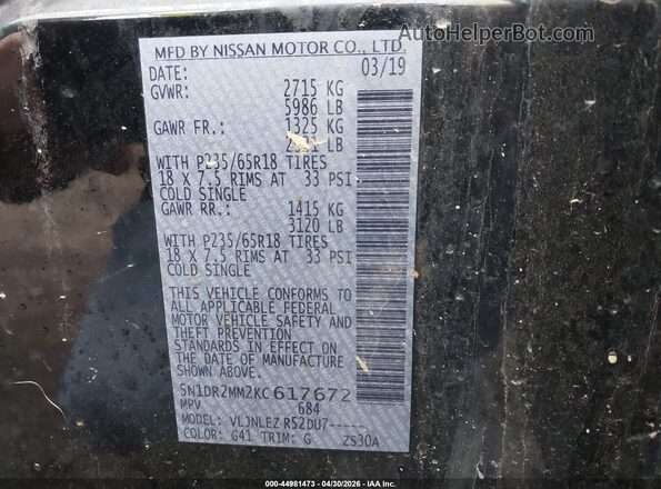5N1DR2MM2KC617672 2019 NISSAN PATHFINDER Black Engine compartment view