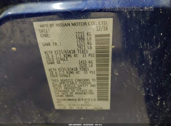 5N1DR2MM4HC648916 2017 NISSAN PATHFINDER Blue Вид підкапотного простору