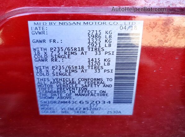 5N1DR2MM4JC652034 2018 NISSAN PATHFINDER Burgundy VIN sticker view