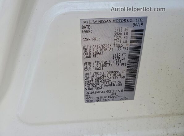 5N1DR2MM5KC623756 2019 NISSAN PATHFINDER White 