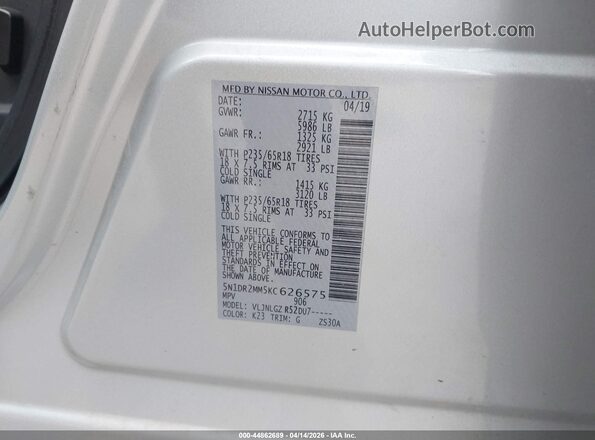 5N1DR2MM5KC626575 2019 NISSAN PATHFINDER Silver 