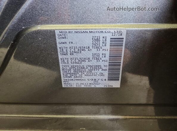 5N1DR2MM6KC598754 2019 NISSAN PATHFINDER Gray Widok naklejki z numerem VIN