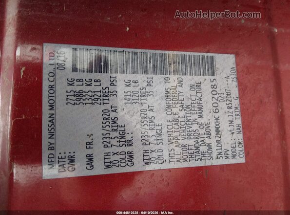 5N1DR2MMXHC602085 2017 NISSAN PATHFINDER Red ძრავის განყოფილების ხედი