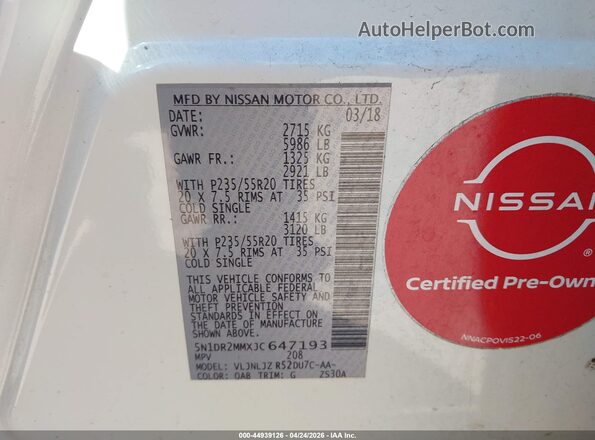 5N1DR2MMXJC647193 2018 NISSAN PATHFINDER White Engine compartment view
