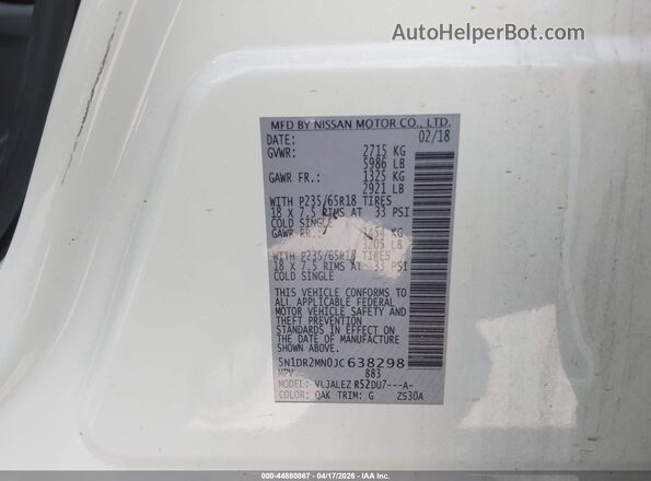 5N1DR2MN0JC638298 2018 NISSAN PATHFINDER White Вид підкапотного простору