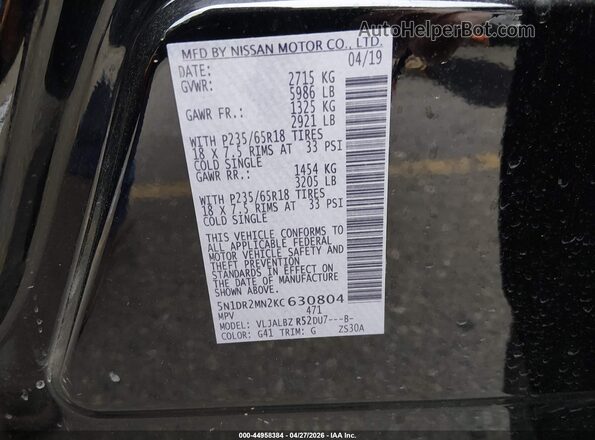 5N1DR2MN2KC630804 2019 NISSAN PATHFINDER Black Engine compartment view