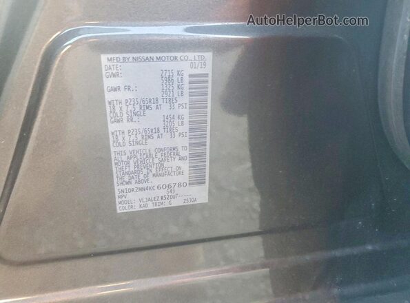 5N1DR2MN4KC606780 2019 NISSAN PATHFINDER Gray 