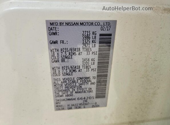 5N1DR2MN6HC664205 2017 NISSAN PATHFINDER White Widok wnętrza 360 stopni
