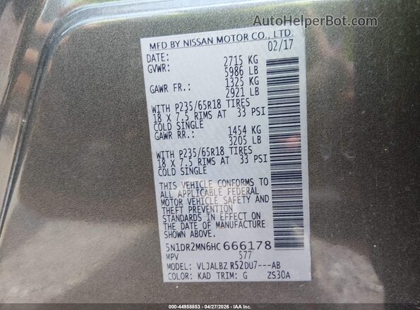 5N1DR2MN6HC666178 2017 NISSAN PATHFINDER Gray Շարժիչի բաժամունքի տեսք