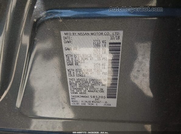5N1DR2MN6KC585205 2019 NISSAN PATHFINDER Gray 