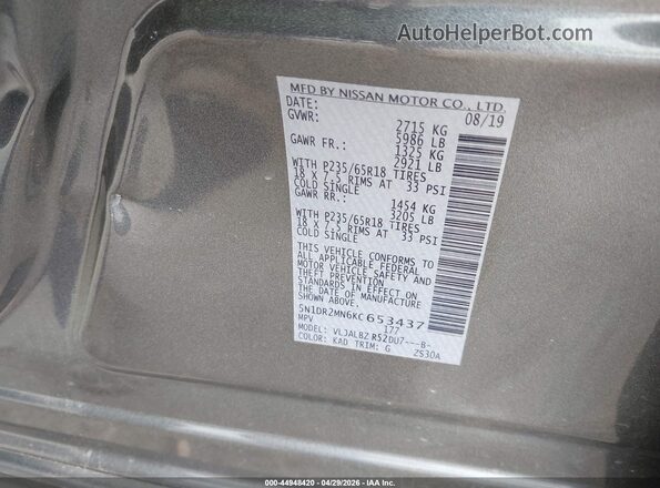 5N1DR2MN6KC653437 2019 NISSAN PATHFINDER Gray ძრავის განყოფილების ხედი