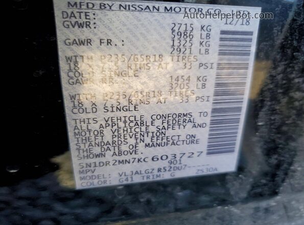 5N1DR2MN7KC603727 2019 NISSAN PATHFINDER Black 