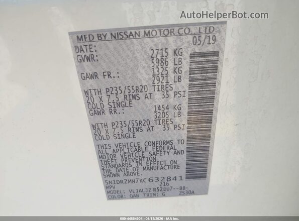 5N1DR2MN7KC632841 2019 NISSAN PATHFINDER White Engine compartment view