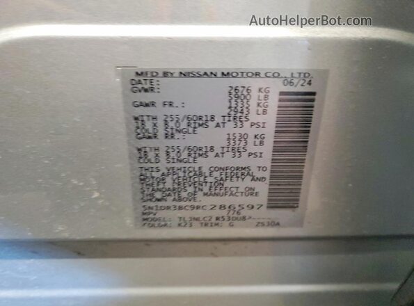 5N1DR3BC9RC286597 2024 NISSAN PATHFINDER Silver Vista de la etiqueta del VIN