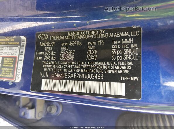 5NMJB3AE2NH002463 2022 HYUNDAI TUCSON Blue ძრავის განყოფილების ხედი