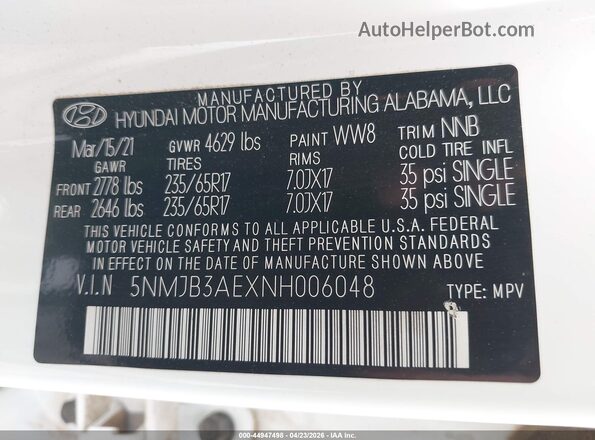 5NMJB3AEXNH006048 2022 HYUNDAI TUCSON White Vista del compartimento del motor