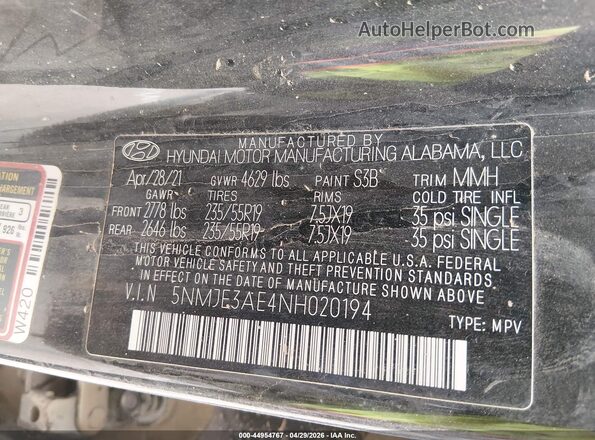 5NMJE3AE4NH020194 2022 HYUNDAI TUCSON Черный Вид подкапотного пространства