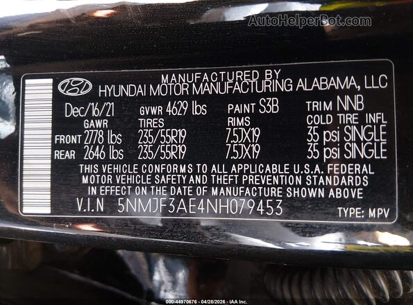 5NMJF3AE4NH079453 2022 HYUNDAI TUCSON Black Widok komory silnika