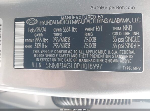 5NMP14GL0RH018997 2024 HYUNDAI SANTA FE Silver Vista del compartimento del motor