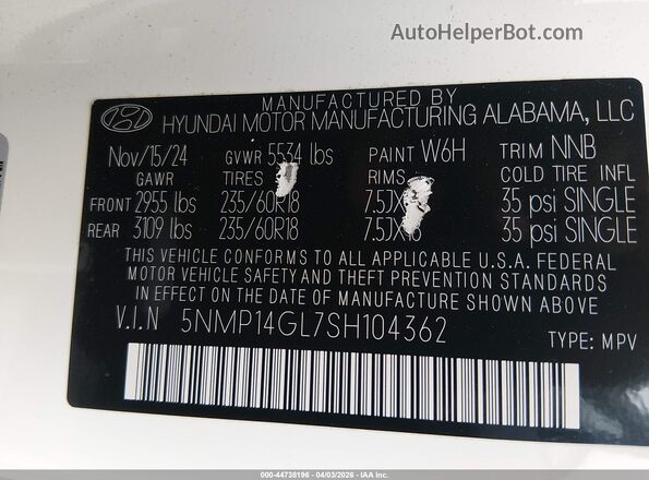 5NMP14GL7SH104362 2025 HYUNDAI SANTA FE White Շարժիչի բաժամունքի տեսք