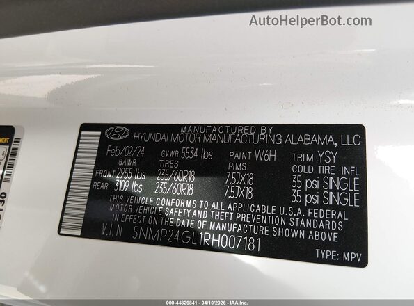 5NMP24GL1RH007181 2024 HYUNDAI SANTA FE White Engine compartment view