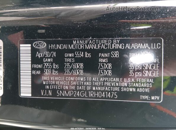 5NMP24GL1RH041475 2024 HYUNDAI SANTA FE Black Widok komory silnika