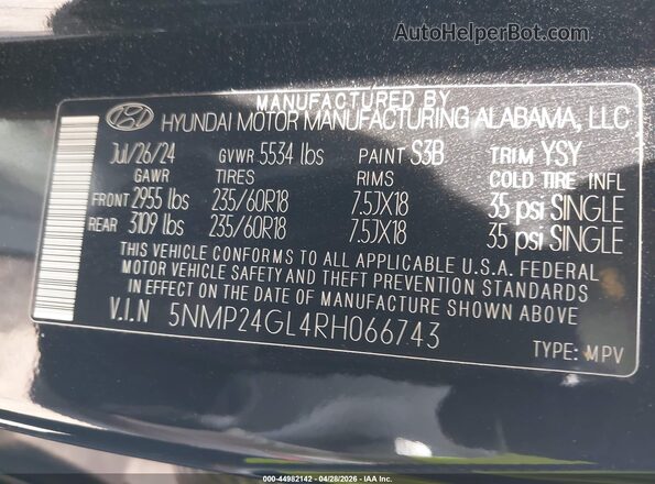 5NMP24GL4RH066743 2024 HYUNDAI SANTA FE Black Вид підкапотного простору