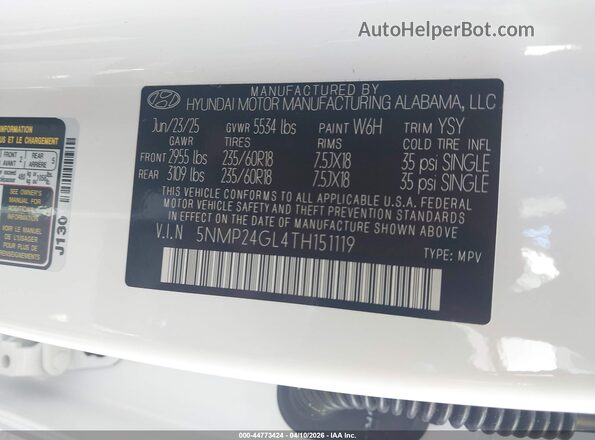 5NMP24GL4TH151119 2026 HYUNDAI SANTA FE White Շարժիչի բաժամունքի տեսք