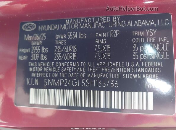 5NMP24GL5SH135736 2025 HYUNDAI SANTA FE Burgundy Engine compartment view