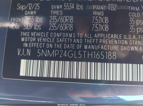 5NMP24GL5TH165188 2026 HYUNDAI SANTA FE Blue Շարժիչի բաժամունքի տեսք