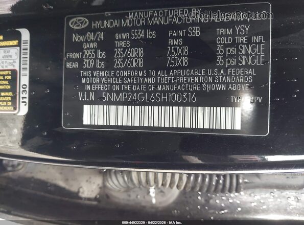 5NMP24GL6SH100316 2025 HYUNDAI SANTA FE Черный Вид подкапотного пространства