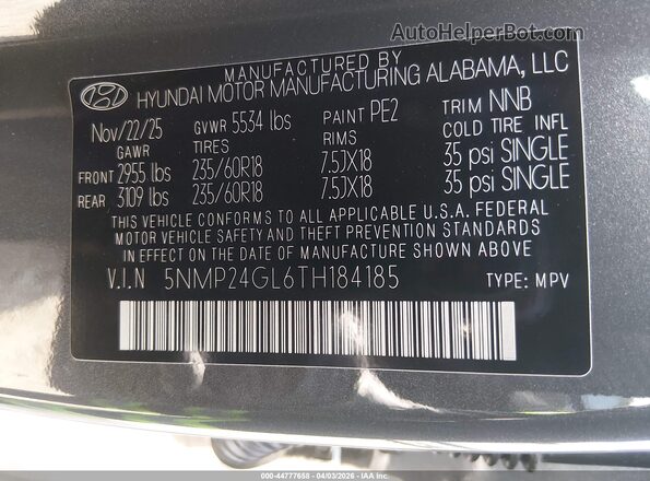 5NMP24GL6TH184185 2026 HYUNDAI SANTA FE Gray Շարժիչի բաժամունքի տեսք
