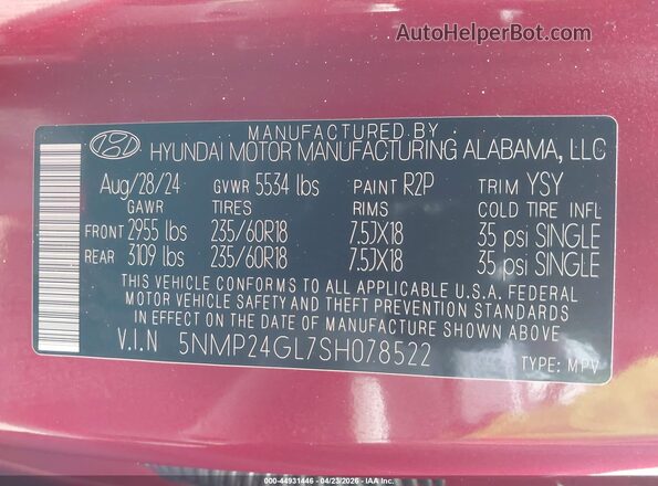 5NMP24GL7SH078522 2025 HYUNDAI SANTA FE Red Vista del compartimento del motor