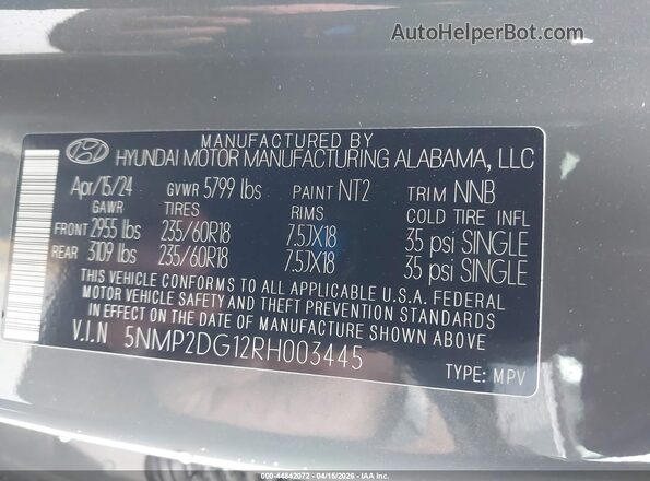 5NMP2DG12RH003445 2024 HYUNDAI SANTA FE HYBRID Silver Շարժիչի բաժամունքի տեսք