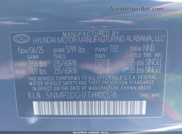 5NMP2DG17TH100518 2026 HYUNDAI SANTA FE HYBRID Blue Вид підкапотного простору