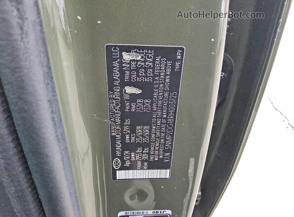 5NMP2DG18RH003725 2024 HYUNDAI SANTA Green VIN կոդի պիտակի տեսք