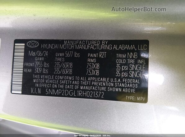 5NMP2DGL1RH021372 2024 HYUNDAI SANTA FE Silver Вид підкапотного простору